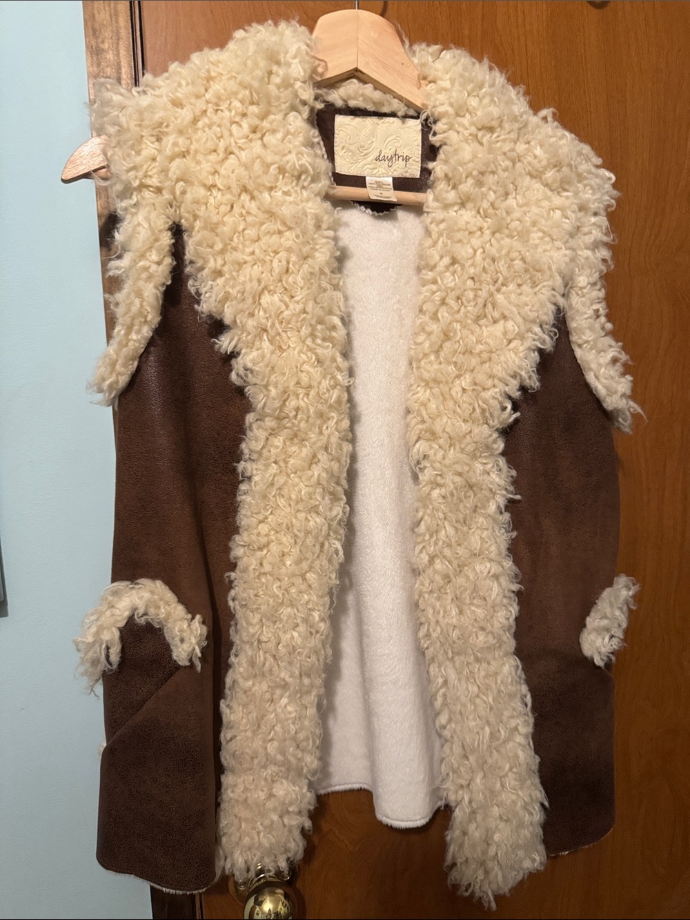 Daytrip Brown Suede-Look Vest with Cream Shearling Trim